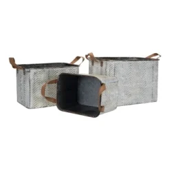 Set Of 3 Rustic Whitewashed Pattern Galvanized Metal Decorative Storage Bins With Faux Leather Handles - Foreside Home And Garden 9 Set Of 3 Rustic Whitewashed Pattern Galvanized Metal Decorative Storage Bins With Faux Leather Handles - Foreside Home And Garden -Storage Store GUEST 07ea1855 2134 4b57 be91 0d6269697c11