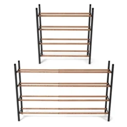 Juvale Free Standing 4 Tier 24 Pair Shoe Rack Shelf Organizer For Entryway Closet, 24"-45" Expandable, Black & Oak Grain Metal -Storage Store GUEST 10fc2b0c a9b9 42be 8132 1e1ecf4376d0