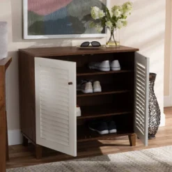 Coolidge 4 Shelf Wood Shoe Cabinet White/Walnut - Baxton Studio -Storage Store GUEST 141ff338 3893 42cb 8d2d f906f60621e9