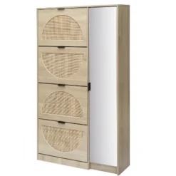 Arina 63.9'' H X 37'' W X 9.45'' D Farmhouse Natural Rattan Shoe Cabinet For 16 Pairs Design Mirror With 4 Flip Down Drawers - The Pop Maison -Storage Store GUEST 25eafb05 f010 4bdc a2f3 25be29708a5a