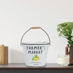 Northlight 10.5" White And Black "Farmer's Market" Lemon's Metal Bucket With Handle