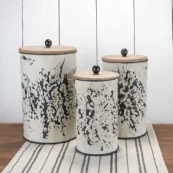 Set Of 3 Cream And Gray Floral Metal Decorative Storage Canisters - Foreside Home & Garden -Storage Store GUEST 3d627eed 8fff 47a3 b08b 619f7ab2926d