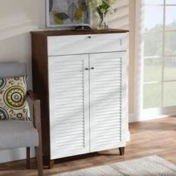 Coolidge 5 Shelf Wood Shoe Cabinet With Drawer White/Walnut - Baxton Studio -Storage Store GUEST 3e34a19d 2580 44f5 8852 fe0bba150d6b