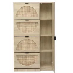 Arina 63.9'' H X 37'' W X 9.45'' D Farmhouse Natural Rattan Shoe Cabinet For 16 Pairs Design Mirror With 4 Flip Down Drawers - The Pop Maison -Storage Store GUEST 41b87af1 aad3 4656 b0cc 18fa7979237e 1