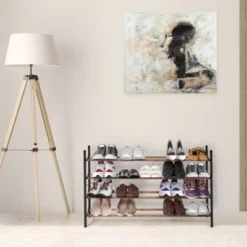 Juvale Free Standing 4 Tier 24 Pair Shoe Rack Shelf Organizer For Entryway Closet, 24"-45" Expandable, Black & Oak Grain Metal -Storage Store GUEST 5d477f75 6b34 4aad a022 dbf504bff5d1
