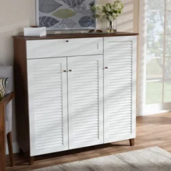 Coolidge 11 Shelf Wood Shoe Cabinet With Drawer White/Walnut - Baxton Studio -Storage Store GUEST 6f039638 3de8 4d3f aabf da9c80774035