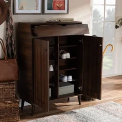 Cormier Walnut Finished 2 Door Wood Entryway Shoe Storage Cabinet Brown - Baxton Studio -Storage Store GUEST 7231bbbd f77c 4120 9e10 8f572acd4537