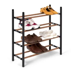 Juvale Free Standing 4 Tier 24 Pair Shoe Rack Shelf Organizer For Entryway Closet, 24"-45" Expandable, Black & Oak Grain Metal -Storage Store GUEST 731942a0 3866 4e10 9d4f 4cd853825082
