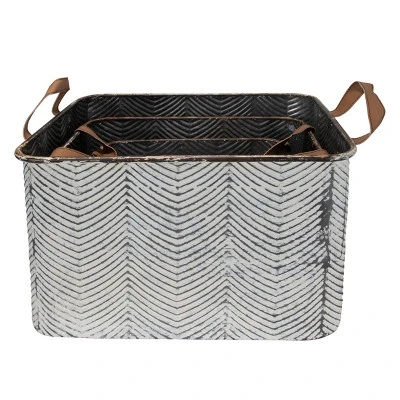 Set Of 3 Rustic Whitewashed Pattern Galvanized Metal Decorative Storage Bins With Faux Leather Handles - Foreside Home And Garden 4 Set Of 3 Rustic Whitewashed Pattern Galvanized Metal Decorative Storage Bins With Faux Leather Handles - Foreside Home And Garden - Image 4