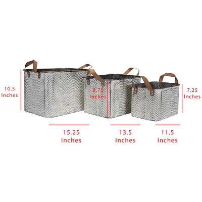 Set Of 3 Rustic Whitewashed Pattern Galvanized Metal Decorative Storage Bins With Faux Leather Handles - Foreside Home And Garden 8 Set Of 3 Rustic Whitewashed Pattern Galvanized Metal Decorative Storage Bins With Faux Leather Handles - Foreside Home And Garden - Image 8