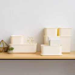 IRIS USA 4Pack Stackable Lidded Basket Storage Organizer Bins, Off White -Storage Store GUEST a47fc9cb 023d 44eb b02e d89d624f1bee