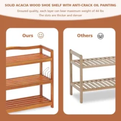 Costway 5-Tier Wood Shoe Rack Solid Acacia Wood Shoe Shelf With Side Metal Hooks -Storage Store GUEST a5ab1050 7bb7 4a34 976c eb377ae8103e
