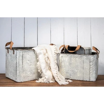 Set Of 3 Rustic Whitewashed Pattern Galvanized Metal Decorative Storage Bins With Faux Leather Handles - Foreside Home And Garden 6 Set Of 3 Rustic Whitewashed Pattern Galvanized Metal Decorative Storage Bins With Faux Leather Handles - Foreside Home And Garden - Image 6