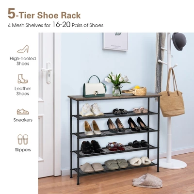 Shoe Rack 5-Tier Shoe Storage Organizer W/4 Metal Mesh Shelves For 16-20 Pairs 4 Shoe Rack 5-Tier Shoe Storage Organizer W/4 Metal Mesh Shelves For 16-20 Pairs - Image 4