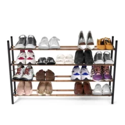 Juvale Free Standing 4 Tier 24 Pair Shoe Rack Shelf Organizer For Entryway Closet, 24"-45" Expandable, Black & Oak Grain Metal -Storage Store GUEST c018cc14 38a9 4588 801d a31321de9dca