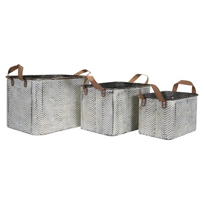 Set Of 3 Rustic Whitewashed Pattern Galvanized Metal Decorative Storage Bins With Faux Leather Handles - Foreside Home And Garden 1 Set Of 3 Rustic Whitewashed Pattern Galvanized Metal Decorative Storage Bins With Faux Leather Handles - Foreside Home And Garden