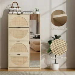 Arina 63.9'' H X 37'' W X 9.45'' D Farmhouse Natural Rattan Shoe Cabinet For 16 Pairs Design Mirror With 4 Flip Down Drawers - The Pop Maison -Storage Store GUEST df1532dc 7d49 4661 a4e2 87540d34218c 1