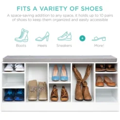 Best Choice Products 46in Shoe Storage Organization Rack Bench For Entryway, Bedroom W/ Padded Seat, 10 Cubbies - White