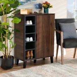 Idina Mid-Century Wood 1 Door Shoe Cabinet Dark Brown/Gray - Baxton Studio -Storage Store GUEST e5f12f99 c6f7 42ea b5c2 46ce0d0d3402