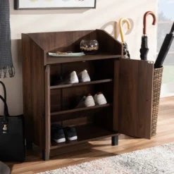 Rossin Walnut Finished 2 Door Wood Entryway Shoe Storage Cabinet With Open Shelf Brown - Baxton Studio -Storage Store GUEST e7321fb0 8fac 43cd a7f3 76d461dfa43b