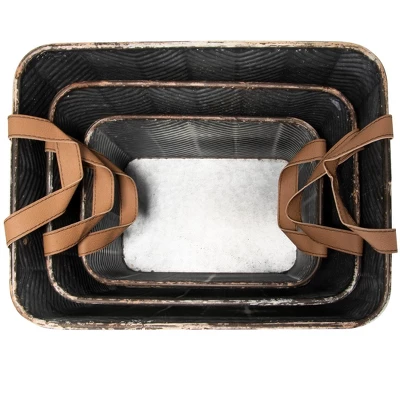 Set Of 3 Rustic Whitewashed Pattern Galvanized Metal Decorative Storage Bins With Faux Leather Handles - Foreside Home And Garden 5 Set Of 3 Rustic Whitewashed Pattern Galvanized Metal Decorative Storage Bins With Faux Leather Handles - Foreside Home And Garden - Image 5