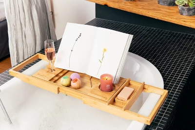 Tranquil Beauty 9" X 27" Premium Bath Caddy With Extendable Wooden Tray, Board With IPad, Tablet, And Phone Stand 1 Tranquil Beauty 9" X 27" Premium Bath Caddy With Extendable Wooden Tray, Board With IPad, Tablet, And Phone Stand